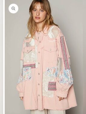 POL Oversized Pink Patchwork Shacket Medium Rhinestone Raw Hem Boho Jacket